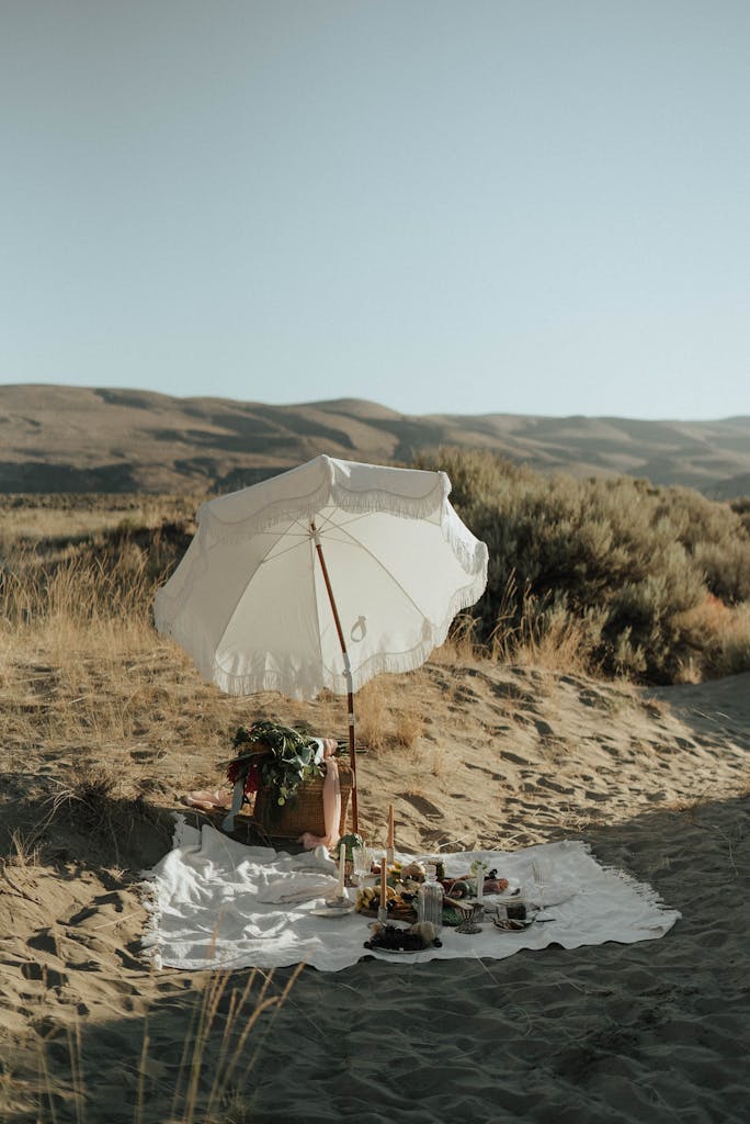 Food and drinks on blanket prepared for picnic in countryside